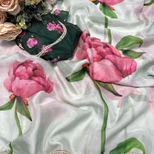 Pure Tabby Silk Green Floral Printed Saree with Elegant Hand Work