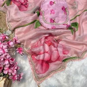 Pink Tabby Silk Floral Printed Saree with Hand Work