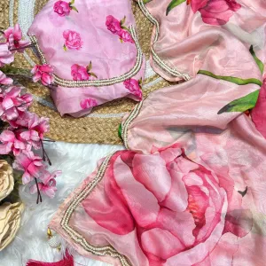 Pink Tabby Silk Floral Printed Saree with Hand Work