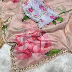 Peach Tabby Silk Floral Printed Saree with Hand Work