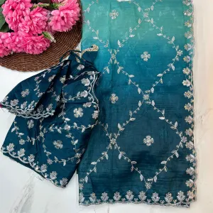 Blue Ombre Crush Silk Saree for Women Fe...