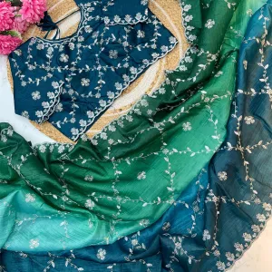 Blue Ombre Crush Silk Saree for Women Festival Wear