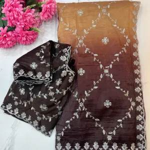 Brown Ombre Crush Silk Saree for Women F...