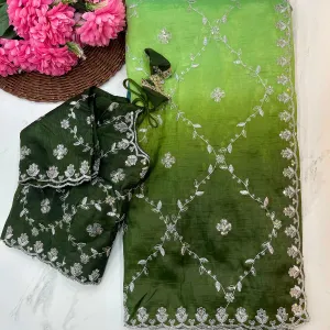 Green Ombre Crush Silk Saree for Women F...