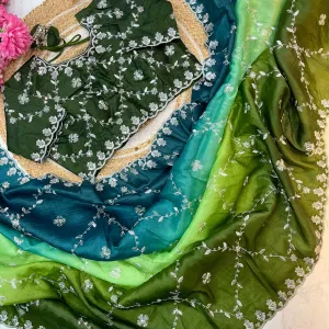 Green Ombre Crush Silk Saree for Women Festival Wear