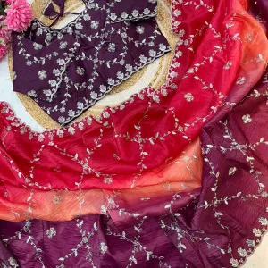 Purple Ombre Crush Silk Saree for Women Festival Wear