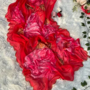 Red Floral Printed Chiffon Saree with El...