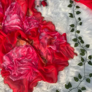 Red Floral Printed Chiffon Saree with Elegant Hand Work