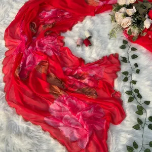 Red Floral Printed Chiffon Saree with Elegant Hand Work