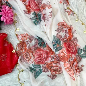 White Floral Printed Tabby Silk Saree with Cutdana Hand Work