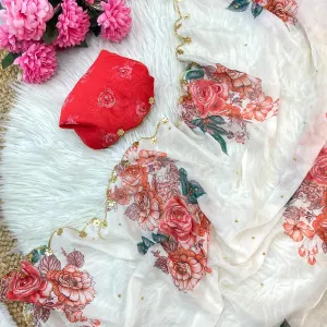 White Floral Printed Tabby Silk Saree with Cutdana Hand Work