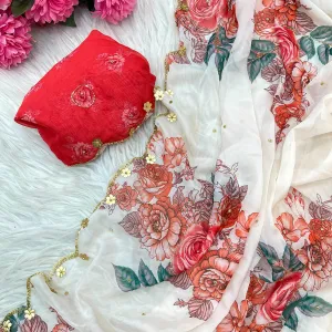 White Floral Printed Tabby Silk Saree with Cutdana Hand Work