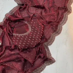 Maroon Fendy Satin Silk Saree with Zarkan Diamond Work