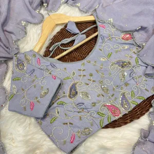 Lavender Crunchy Silk Saree for Women with Handcrafted Work