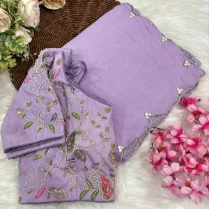Lilac Crunchy Silk Saree for Women with Premium Hand Work