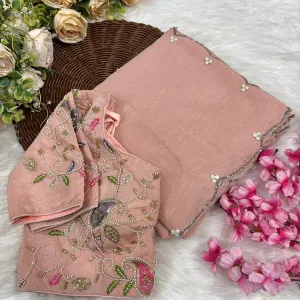 Peach Crunchy Silk Saree for Women with...