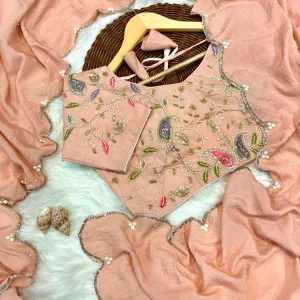 Peach Crunchy Silk Saree for Women with Designer Hand Work