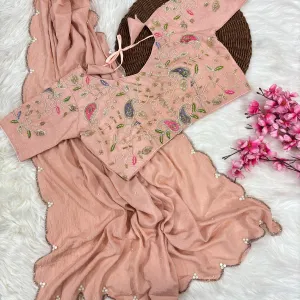 Peach Crunchy Silk Saree for Women with Designer Hand Work