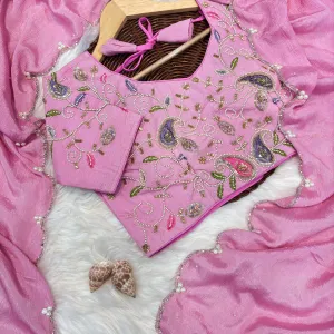 Pink Crunchy Silk Saree for Women with Delicate Hand Work