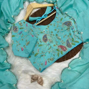 Sky Blue Crunchy Silk Saree for Women with Elegant Hand Work