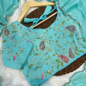 Sky Blue Crunchy Silk Saree for Women with Elegant Hand Work