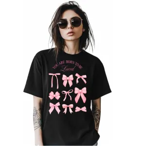 Women Pink Bows Design Black Cotton Shor...