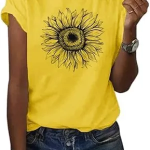 Women's T Shirts Short Sleeve Tees Sunflower Graphic Loose Summer Tops