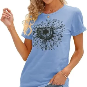 Women's T Shirts Short Sleeve Tees Sunflower Graphic Loose Summer Tops