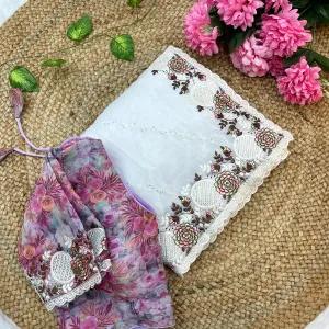 White Candy Silk Embroidery Saree with E...