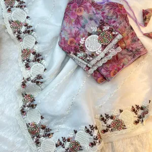 White Candy Silk Embroidery Saree with Elegant Finish