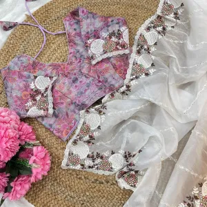 White Candy Silk Embroidery Saree with Elegant Finish