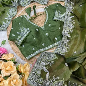 Traditional Green Satin Silk Embroidery Saree for Women