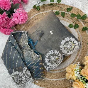 Grey Chiffon Silk Embroidery Saree in Bo...