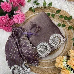Lilac Chiffon Silk Embroidery Saree with...