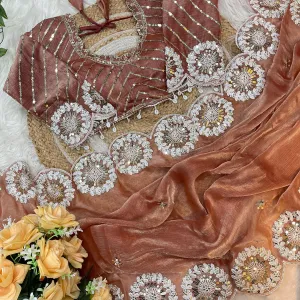 Orange Chiffon Silk Embroidery Saree for Bollywood Look