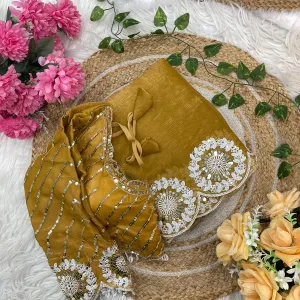 Yellow Chiffon Silk Embroidery Saree wit...