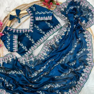 Designer Blue Rangoli Silk Embroidery Saree for Women Ethnic Fashion