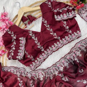 Designer Maroon Rangoli Silk Embroidery Saree for Women Traditional
