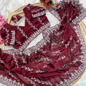 Designer Maroon Rangoli Silk Embroidery Saree for Women Traditional