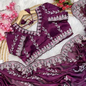 Designer Purple Rangoli Silk Embroidery Saree Elegant Women Wear