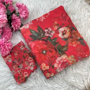 Beautiful Red Floral Printed Georgette S...