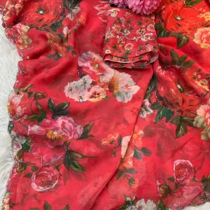 Beautiful Red Floral Printed Georgette Saree with Hand Work