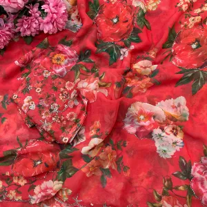 Beautiful Red Floral Printed Georgette Saree with Hand Work