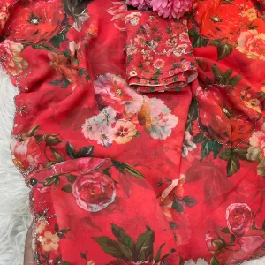Beautiful Red Floral Printed Georgette Saree with Hand Work