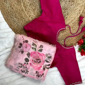 Hand Worked Floral Printed Organza Silk...