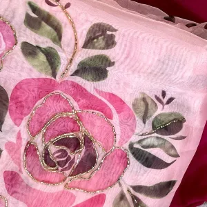 Hand Worked Floral Printed Organza Silk Saree for Women