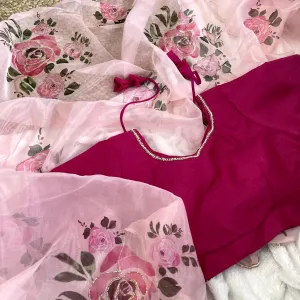 Hand Worked Floral Printed Organza Silk Saree for Women