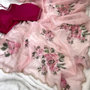 Hand Worked Floral Printed Organza Silk Saree for Women
