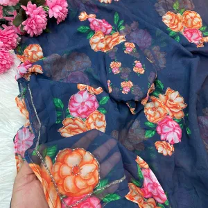 Fancy Blue Floral Printed Georgette Saree with Zardozi Hand Work