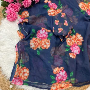 Fancy Blue Floral Printed Georgette Saree with Zardozi Hand Work